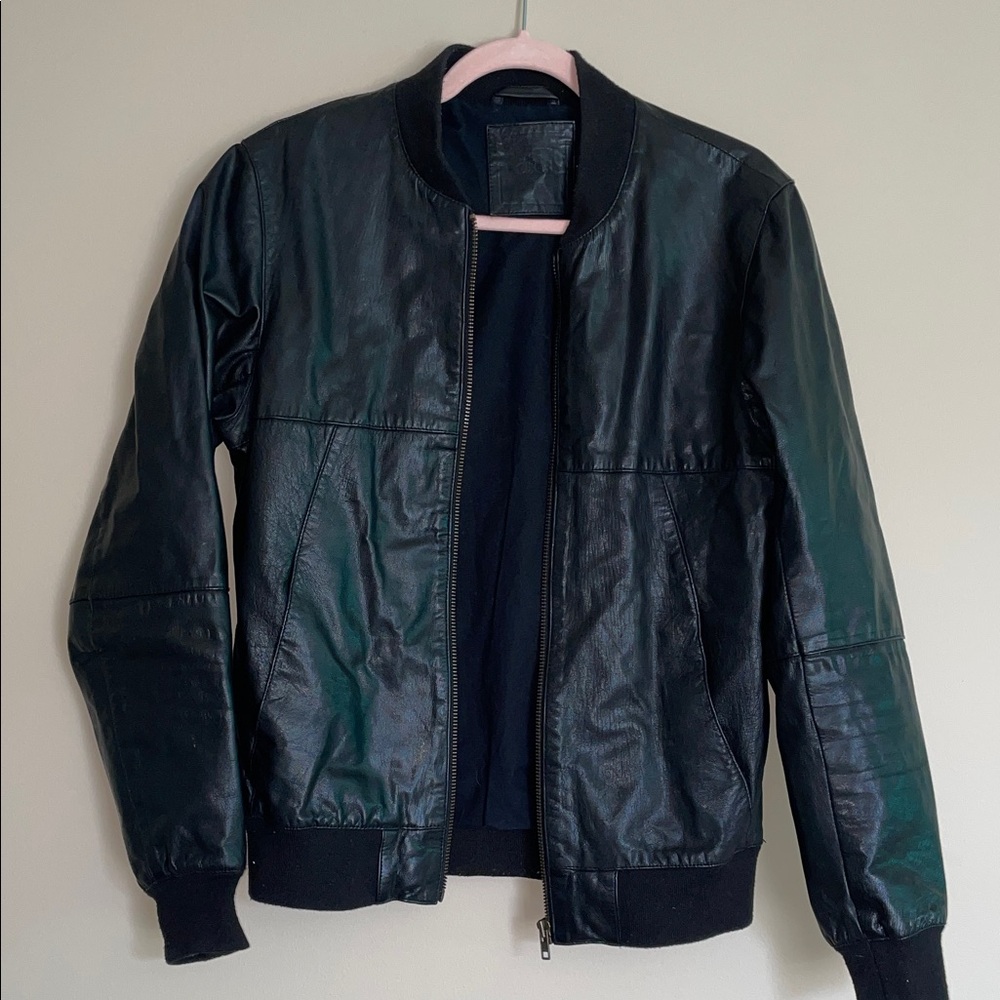 ASOS Unisex Black Leather Bomber Jacket with Ribbed Trim